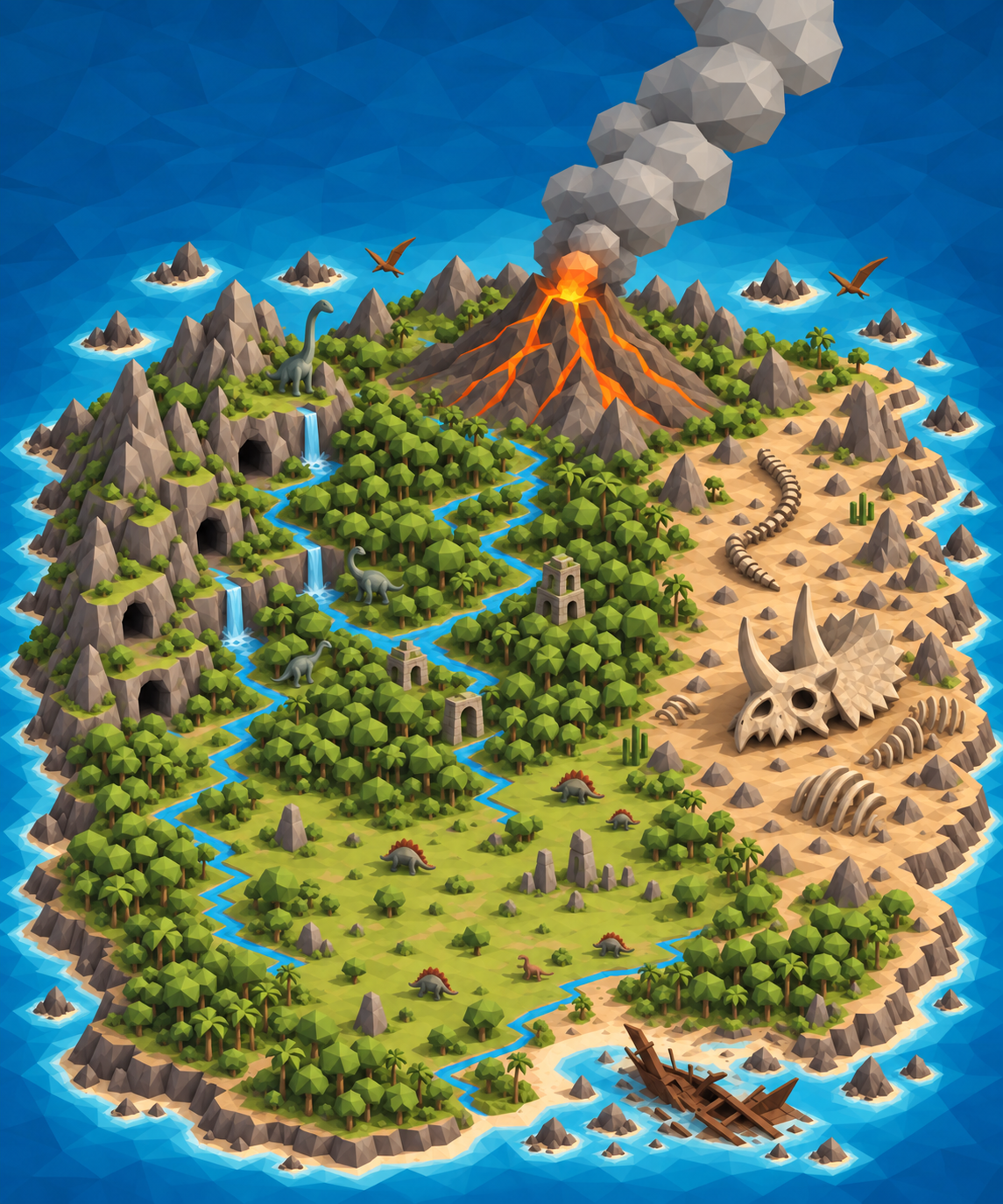 Illustrated Emberfall island with a northern volcano, western caves, central rainforest, southern meadows and eastern fossil badlands.