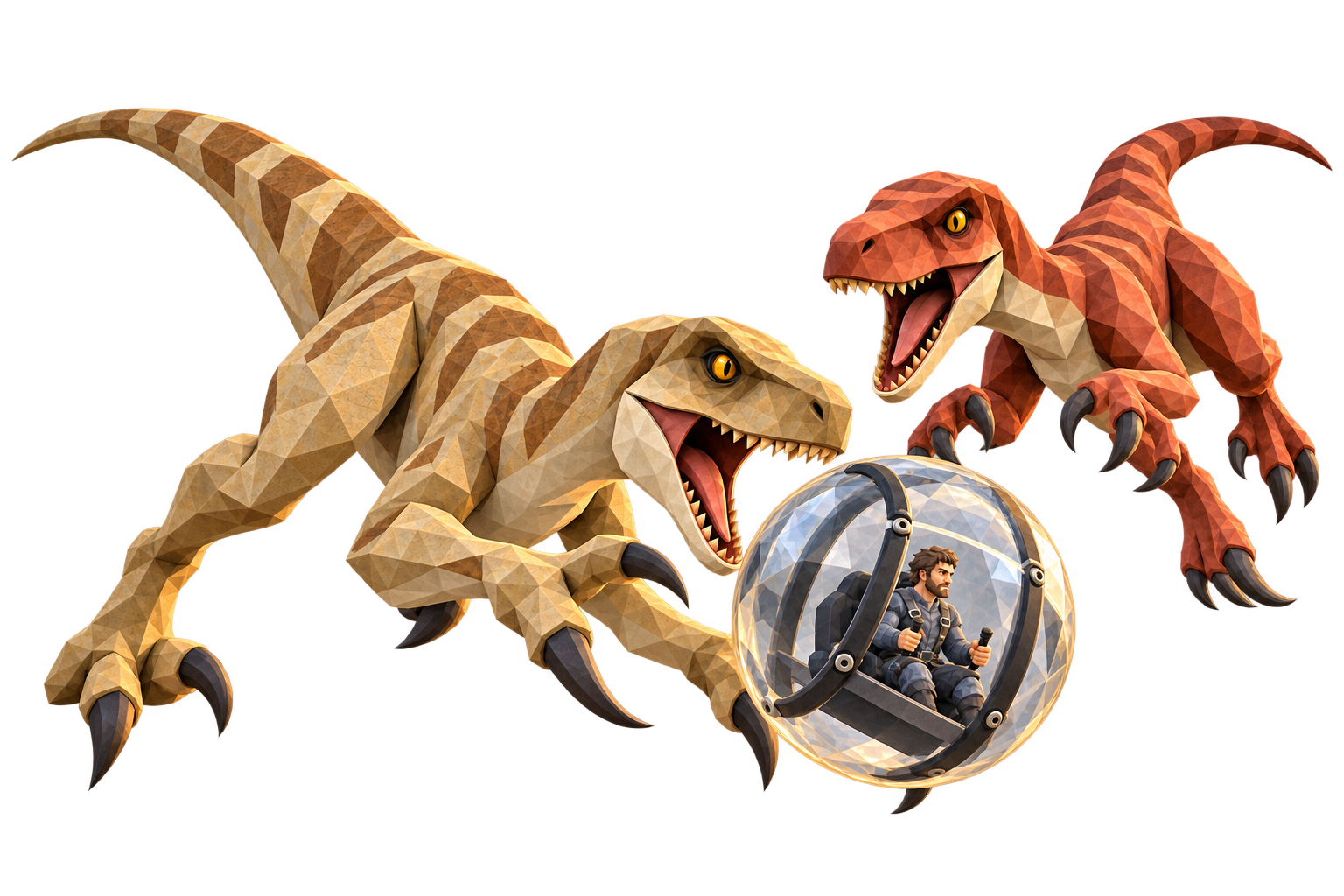 Two warm orange and coral dinosaurs contest a blue-gray pilot capsule in Chompball concept art.
