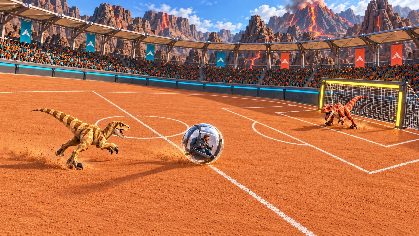 Promotional concept art of a flat desert Caldera pitch, with a yellow goal, an ochre attacker and coral defender contesting the capsule.