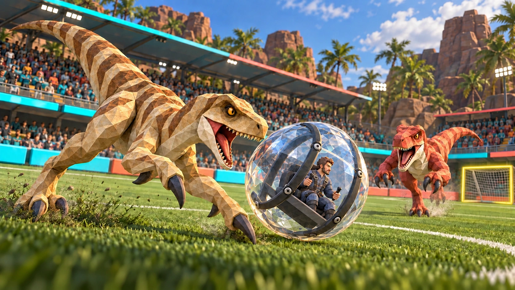 Promotional concept art of a capsule contest in the grass Canopy arena with yellow glowing goalposts.