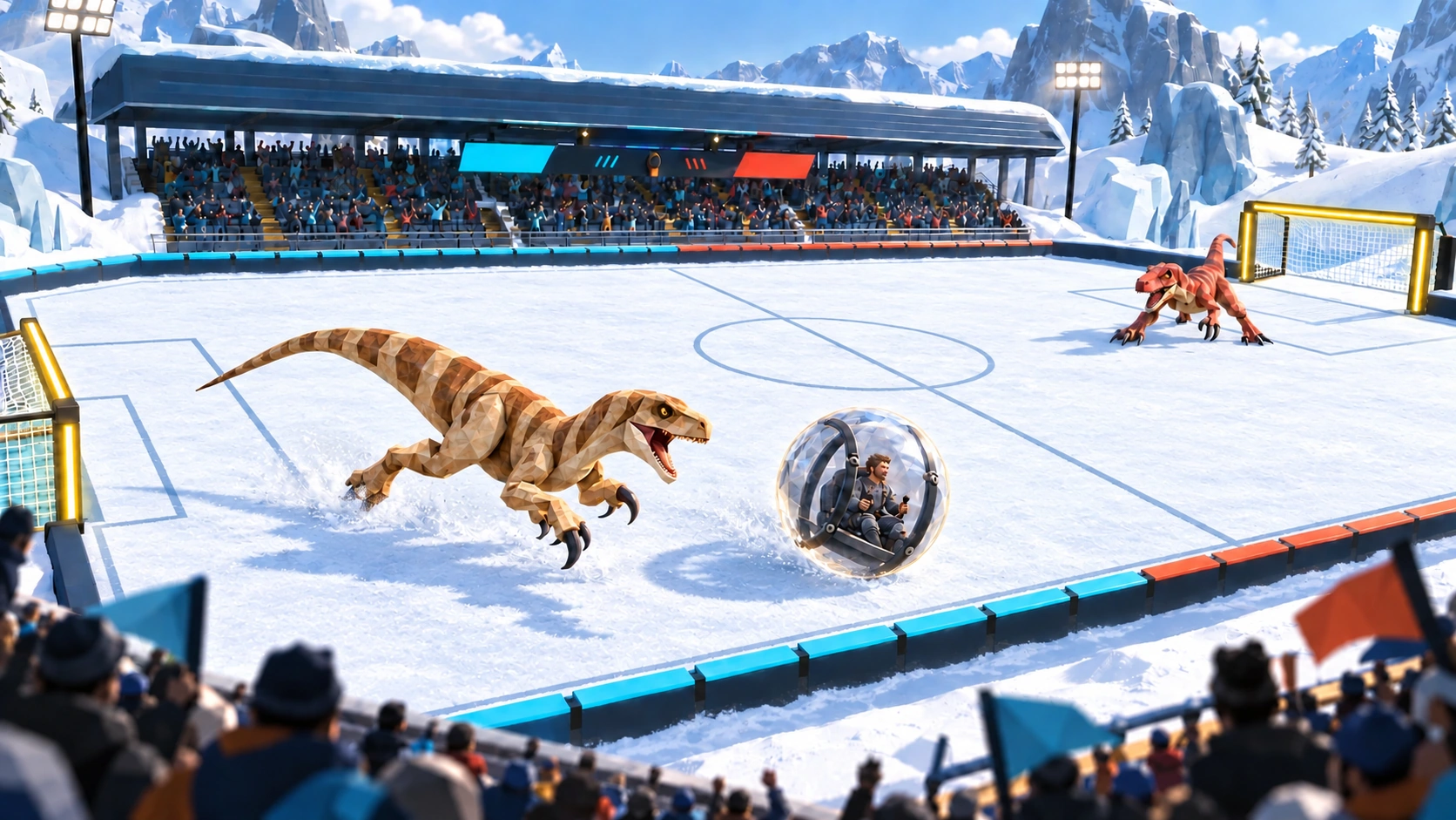 Promotional concept art of the Frostline arena with a packed-snow playing field and glowing yellow goalposts.