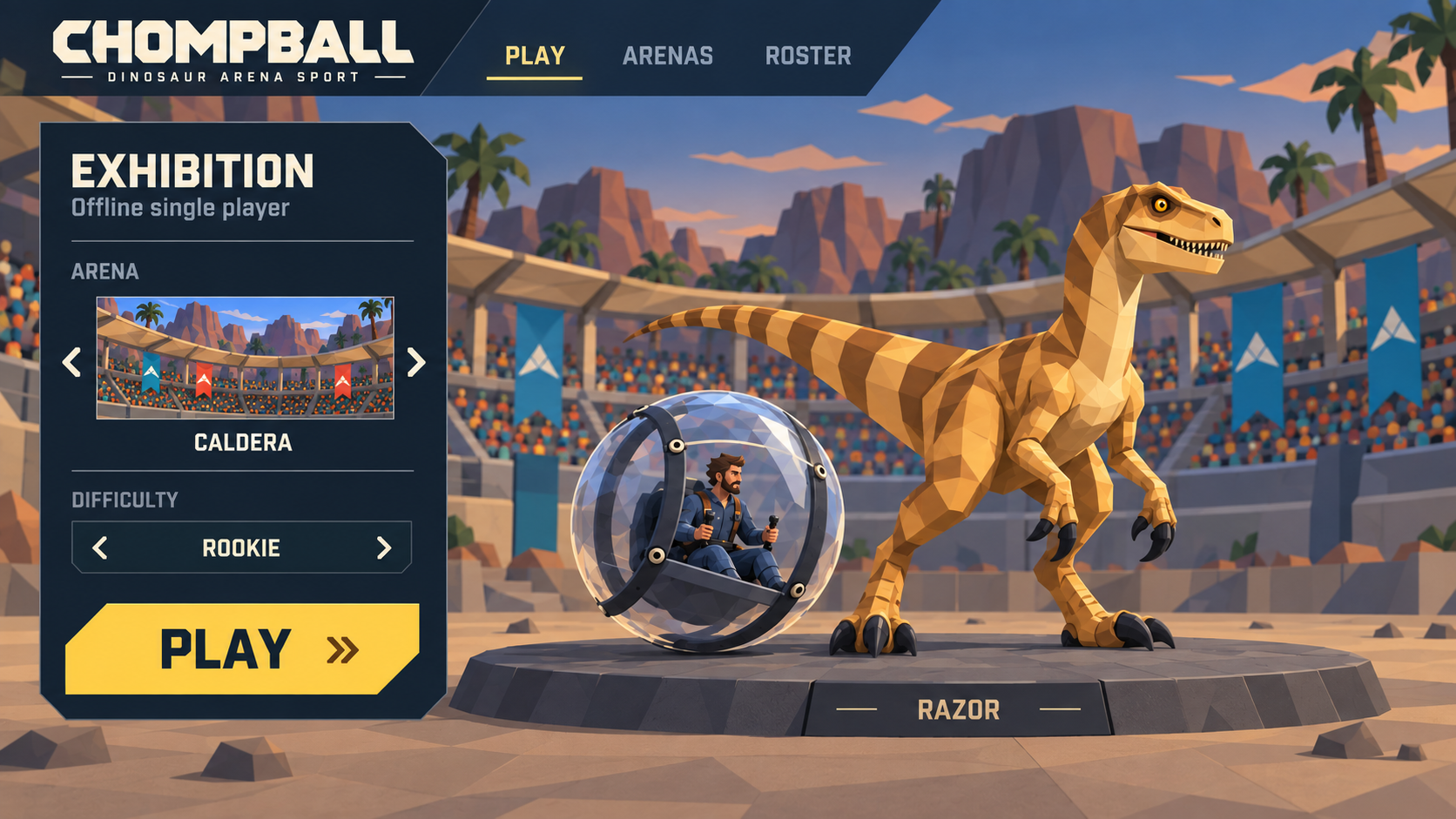 CHOMPBALL pre-match lobby concept, with Razor and the pilot capsule, Caldera arena selection, Rookie difficulty and a Play button.