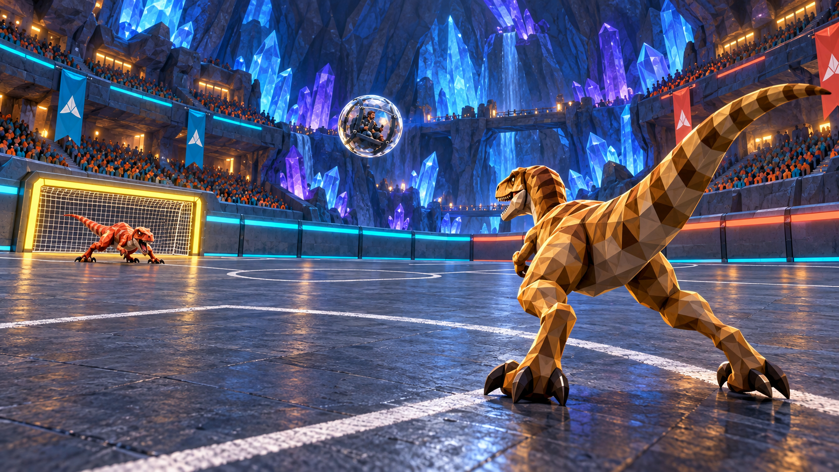 An ochre dinosaur at right prepares a shot toward the coral defender at left, with the capsule airborne in a blue crystal cavern arena.