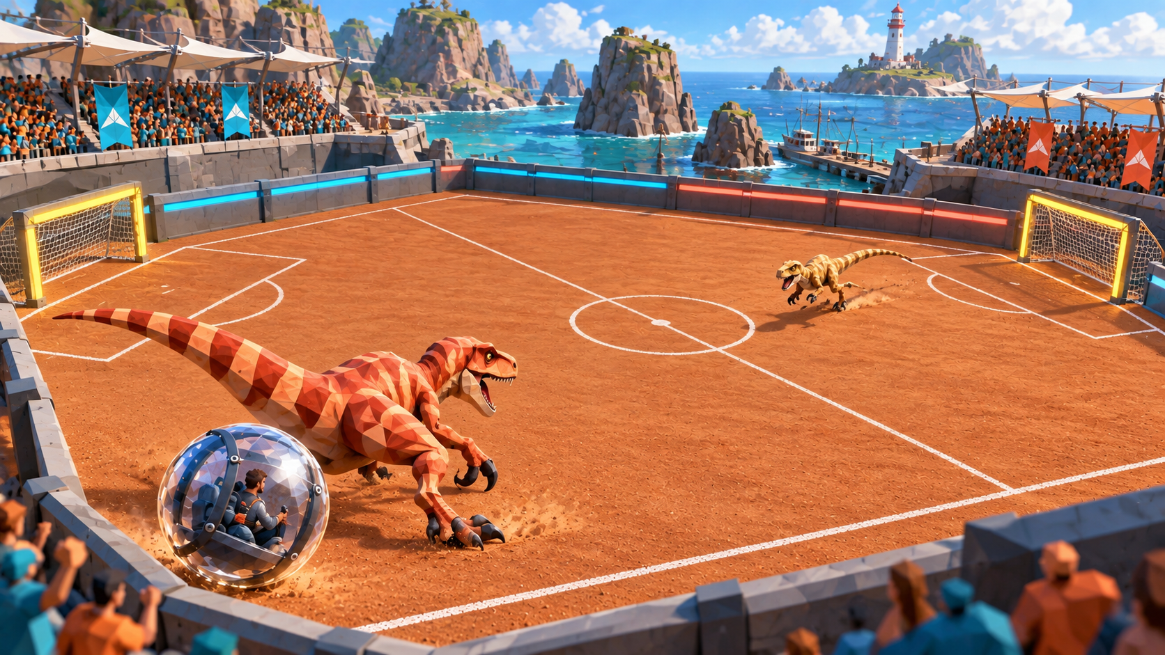 A coral dinosaur protects the pilot capsule near the left sideline while an ochre rival approaches across a coastal arena.