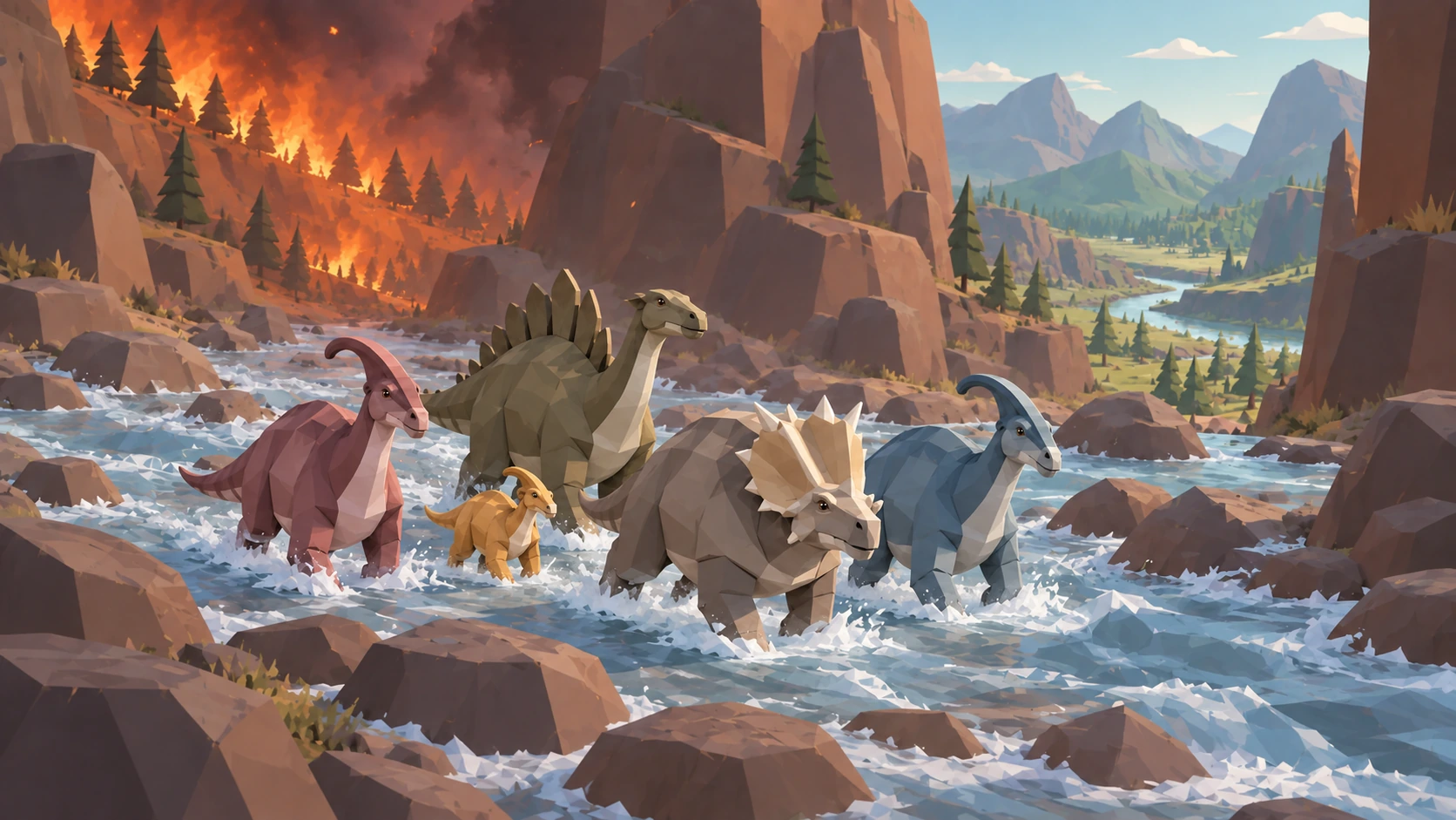 Development concept art of a prehistoric herd crossing a rugged landscape together.