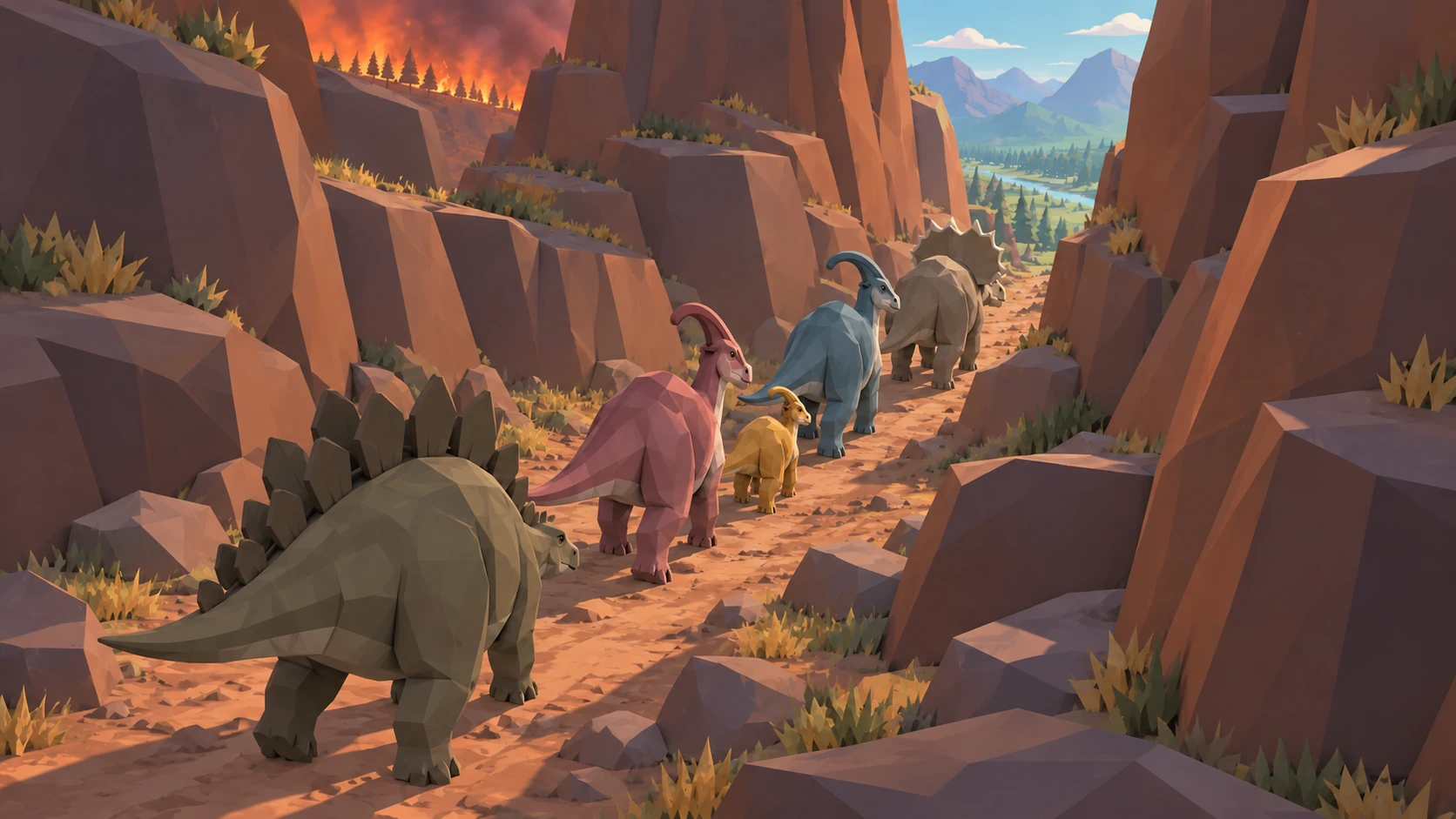 The prehistoric herd forms a narrow column along a winding canyon trail.