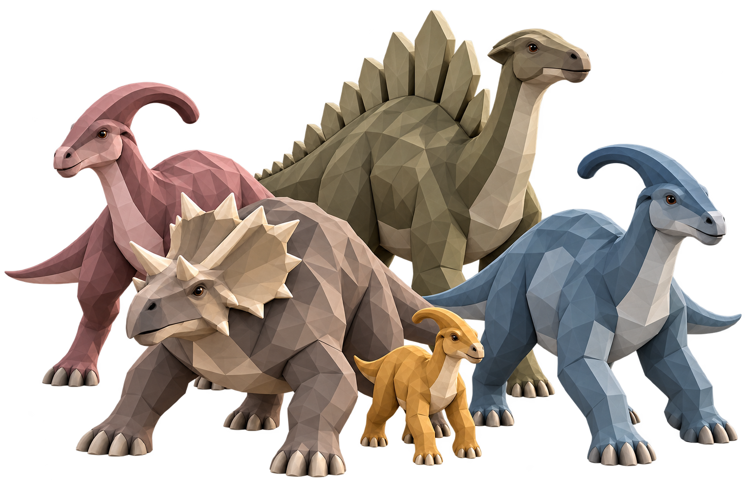 HERDFALL’s five animals in their plum, blue, taupe, olive and golden character colors.