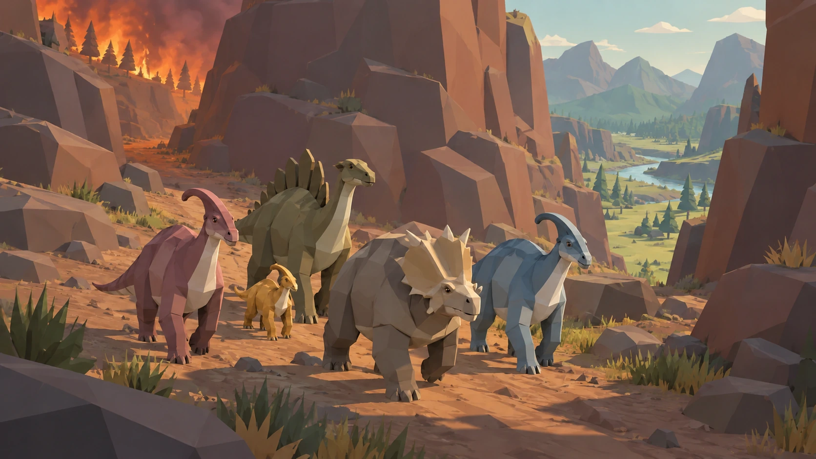Four adult prehistoric animals and one juvenile travel together through the canyon.